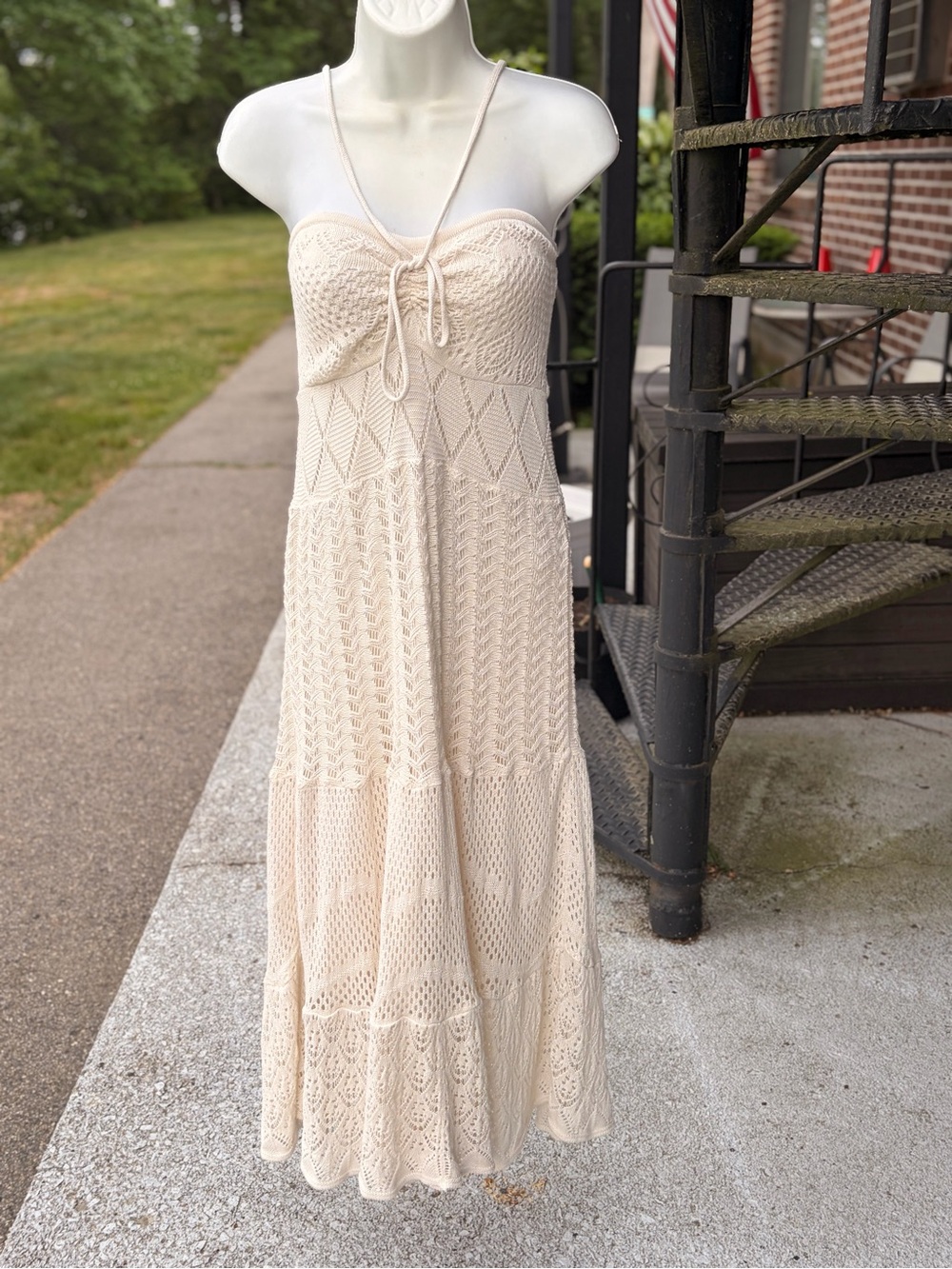 Farm Rio Anthropologie Summer Cream Strapless Crochet Dress Size Medium EUC - Picture 3 of 15